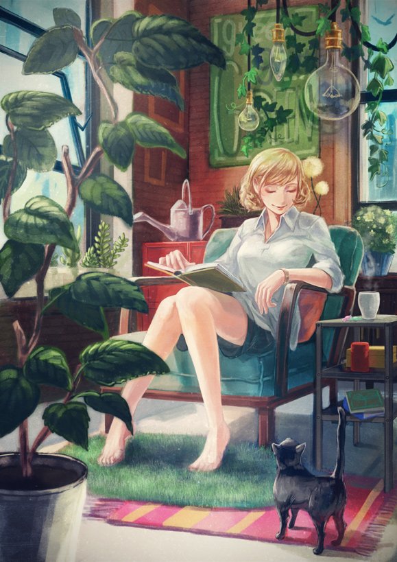 1girl arm_rest armchair bare_legs barefoot black_cat blonde_hair book book_on_lap cat chair closed_eyes collared_shirt cup drinking_glass facing_away flower_pot fringe head_tilt indoors ineko knees_together_feet_apart light_bulb open_book open_window plant potted_plant rug shirt short_hair shorts sitting smile solo table vines watering_can white_shirt window wristband