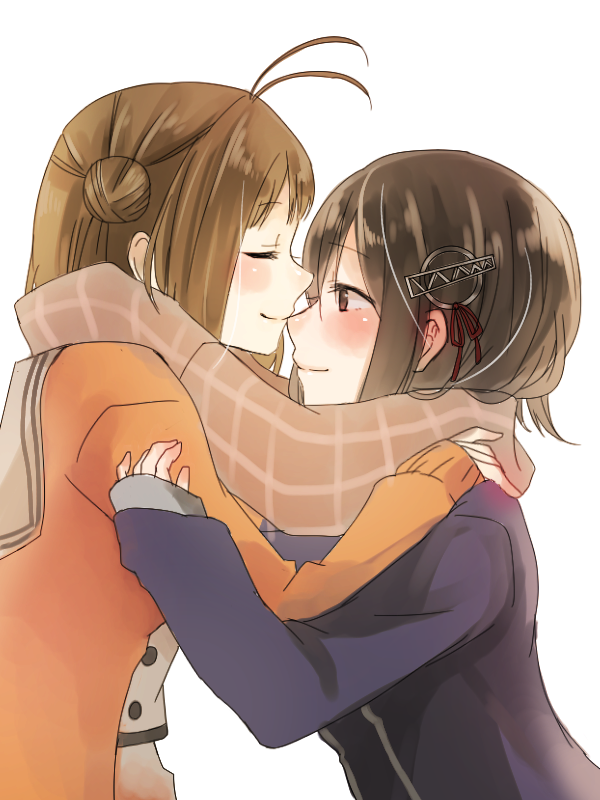 2girls antenna_hair black_hair blush brown_eyes brown_hair closed_eyes double_bun haguro_(kantai_collection) hands_on_another's_shoulders kantai_collection kiss multiple_girls naka_(kantai_collection) no_gloves nose_kiss rinto_(rint_rnt) scarf shared_scarf smile yuri