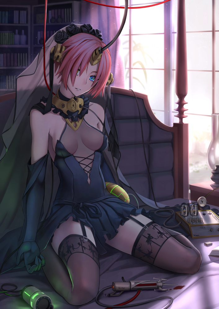 1girl android berserker_of_black black_legwear blue_eyes bookshelf breasts bridal_veil cleavage elbow_gloves fate/apocrypha fate_(series) garter_straps gloves hair_over_eyes heterochromia horn leaning_back open_mouth pink_hair revision shijiu_(adamhutt) short_hair sitting small_breasts solo thigh-highs veil wariza window wire yellow_eyes