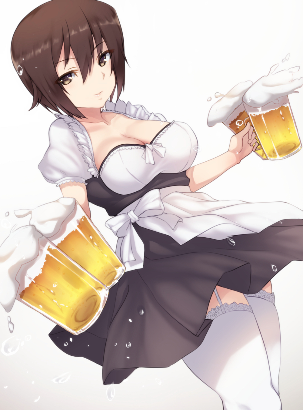 1girl alcohol apron bangs beer black_dress breasts closed_mouth cowboy_shot cup dirndl dress dutch_angle frills froth garter_straps german_clothes girls_und_panzer highres holding lace lace-trimmed_thighhighs light_smile looking_at_viewer medium_breasts mug nishizumi_maho puffy_short_sleeves puffy_sleeves short_dress short_hair short_sleeves solo standing thigh-highs underbust white_background white_legwear yamaori