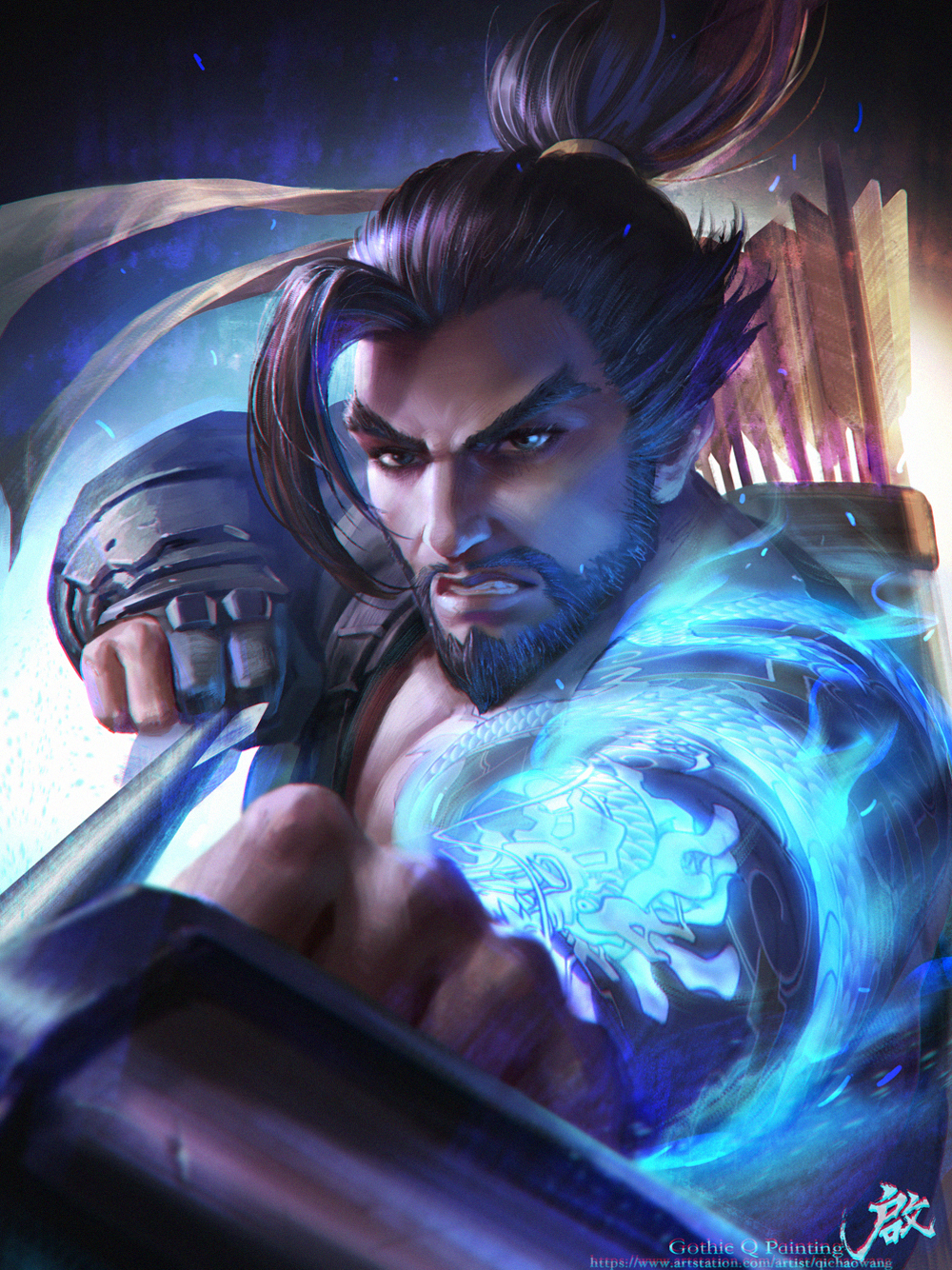 1boy arrow beard black_hair bow_(weapon) chromatic_aberration clenched_teeth facial_hair gloves glowing gothic_q hanzo_(overwatch) highres japanese_clothes long_hair looking_at_viewer male_focus overwatch ponytail qichao_wang quiver solo tattoo teeth watermark weapon web_address