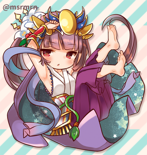 1girl :o armpits arms_up barefoot blush cape hakama japanese_clothes kimono long_hair lowres marshmallow_mille purple_hair puzzle_&amp;_dragons red_eyes very_long_hair yomi_(p&amp;d)