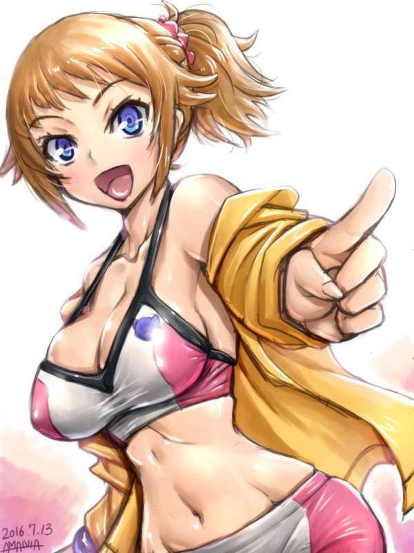 1girl :d amania_orz bare_shoulders bike_shorts blue_eyes breasts brown_hair gundam gundam_build_fighters gundam_build_fighters_try hoshino_fumina jacket large_breasts long_sleeves looking_at_viewer midriff navel off_shoulder open_mouth pointing ponytail scrunchie smile solo sports_bra