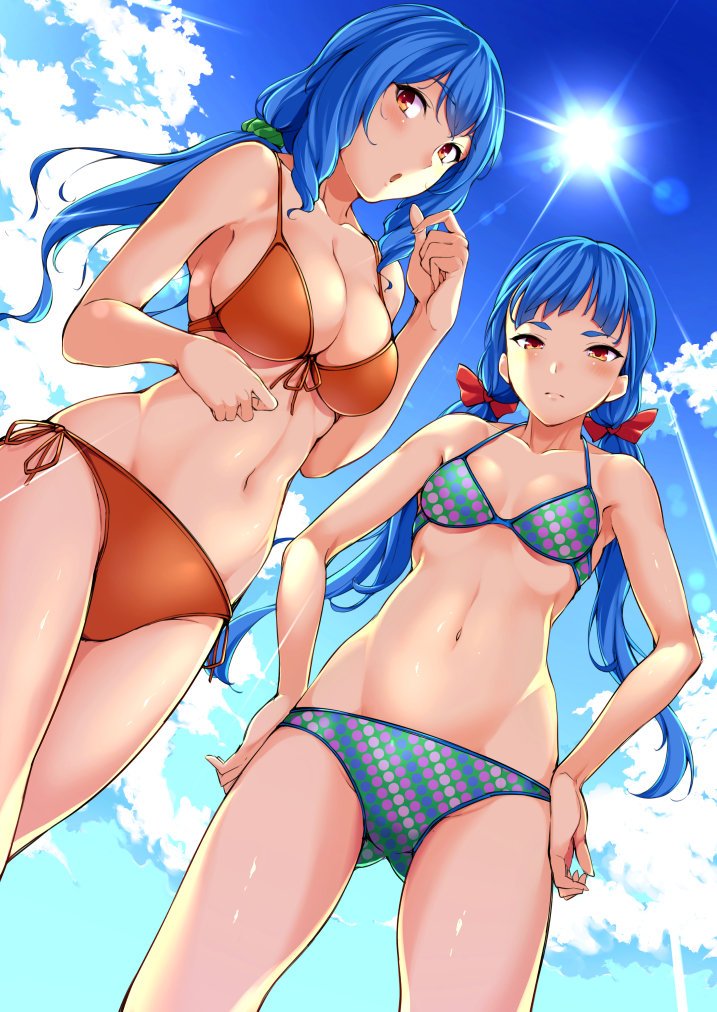 2girls bangs bikini blue_hair blue_skirt breasts cleavage collarbone dutch_angle from_below front-tie_bikini front-tie_top gluteal_fold green_bikini hands_on_hips large_breasts low_twintails multiple_girls navel orange_bikini orange_eyes side-tie_bikini skirt small_breasts sugarbeat sunlight swimsuit twintails