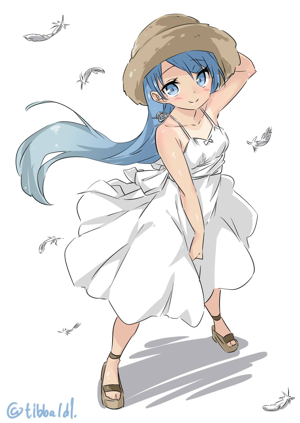 1girl alternate_costume arm_up bangs bare_arms bare_shoulders blue_eyes blue_hair blush breasts brown_shoes closed_mouth collarbone dress dress_tug ebifurya eyebrows eyebrows_visible_through_hair feathers full_body hat highres kantai_collection long_hair looking_at_viewer ribbon samidare_(kantai_collection) shadow shoes simple_background sleeveless small_breasts smile solo standing straw_hat swept_bangs tan tanline twitter_username white_background white_dress white_ribbon