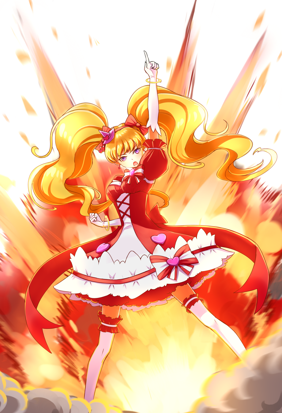 1girl :o arm_up asahina_mirai blonde_hair bow cure_miracle duke778 elbow_gloves explosion full_body gloves hair_bow hat highres long_hair magical_girl mahou_girls_precure! mini_hat mini_witch_hat pink_hat pointing precure red_bow ruby_style serious skirt solo striped striped_bow thigh-highs twintails violet_eyes white_background white_gloves white_legwear witch_hat