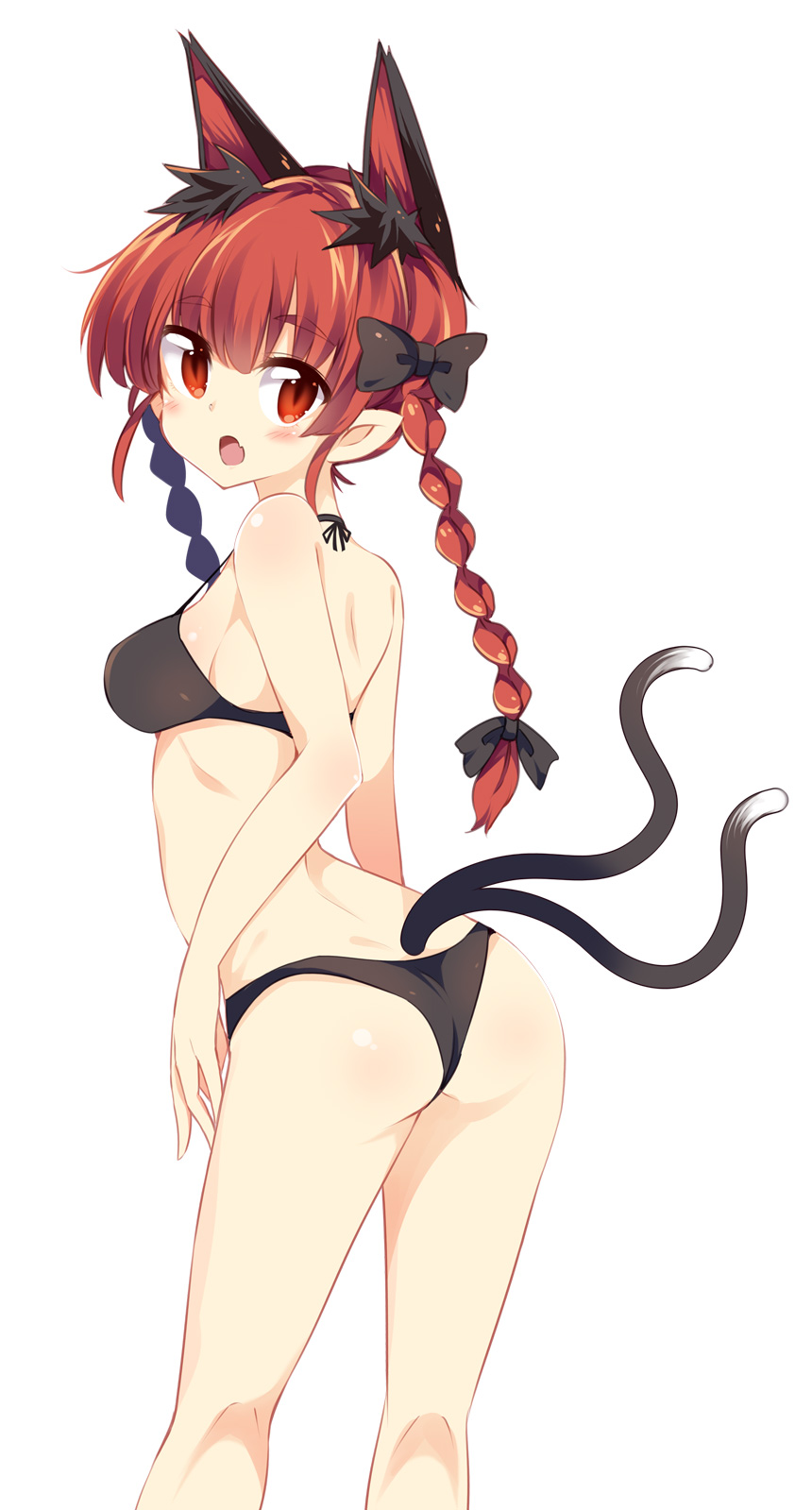1girl animal_ears ass bikini black_bikini black_bra black_panties black_ribbon blush bra braid breasts cat_ears cat_tail extra_ears fang from_behind hair_ribbon highres kaenbyou_rin long_hair looking_at_viewer looking_back maturiuta_sorato medium_breasts multiple_tails open_mouth panties pointy_ears red_eyes redhead ribbon simple_background solo standing swimsuit tail touhou tress_ribbon twin_braids underwear underwear_only white_background