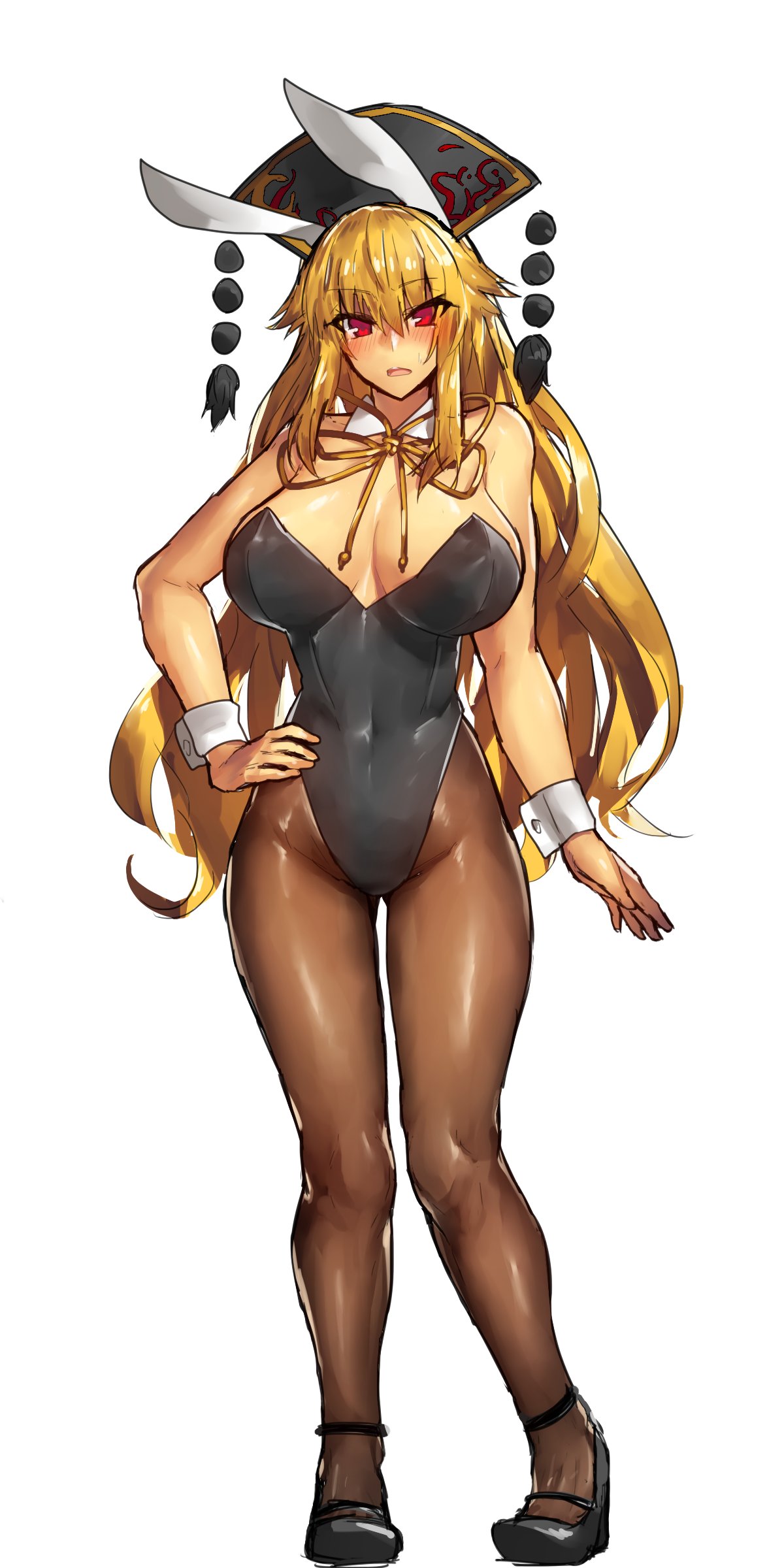 1girl absurdres animal_ears bare_shoulders blonde_hair blush bow bowtie breasts brown_legwear bunny_girl bunnysuit detached_collar fake_animal_ears hand_on_hip hat high_heels highres jpeg_artifacts junko_(touhou) large_breasts long_hair looking_at_viewer melon22 open_mouth pantyhose rabbit_ears red_eyes simple_background solo touhou white_background wrist_cuffs