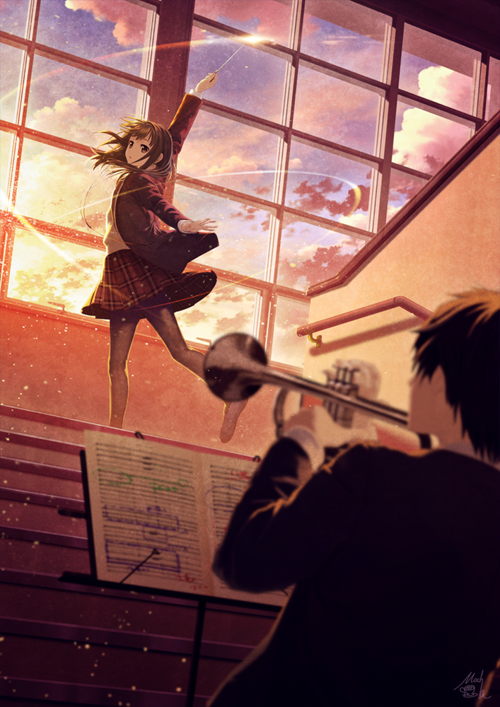 1boy 1girl arm_up bangs baton_(instrument) black_hair blazer blurry brown_hair cover dancing depth_of_field floating_hair from_below glass handlebar holding indoors instrument jacket leg_up light_particles long_hair long_sleeves looking_back miniskirt odoriba_hime_concerto official_art outstretched_arm pantyhose plaid plaid_skirt playing_instrument pleated_skirt school_uniform serafuku sheet_music signature skirt sky solo_focus stairs standing standing_on_one_leg sweat technoheart trumpet visible_air window