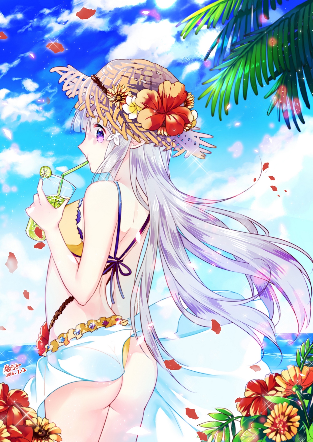 1girl 2016 ass back bare_arms bendy_straw bikini blue_sky breasts clouds cowboy_shot cup dated day drinking drinking_glass drinking_straw elf emilia_(re:zero) eyelashes floating_hair flower frills from_behind glint hair_flower hair_ornament hat hibiscus highres holding_drinking_glass juice lens_flare lime_slice long_hair maokezi mouth_hold ocean outdoors palms petals pointy_ears profile re:zero_kara_hajimeru_isekai_seikatsu red_flower sarong see-through silver_hair sky solo straw_hat summer swimsuit violet_eyes water wind yellow_bikini