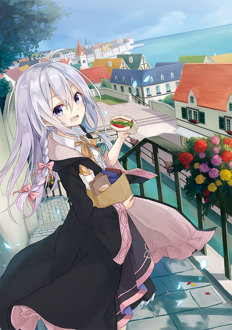 1girl ahoge azuuru_(azure0608) bag baguette bangs blue_eyes bow bowtie braid bread building cape city cityscape collar collared_shirt cover cover_page dutch_angle elaina_(majo_no_tabitabi) flower food hair_between_eyes hair_bow highres holding holding_bag holding_food horizon long_hair long_sleeves looking_at_viewer looking_to_the_side majo_no_tabitabi no_hat no_headwear novel_cover ocean official_art open_mouth outdoors paper_bag petals pink_bow plant potted_plant railing robe rooftop sandwich shiny shiny_hair shirt silver_hair sky smile solo stairs sunlight tree violet_eyes wide_sleeves wing_collar yellow_bow
