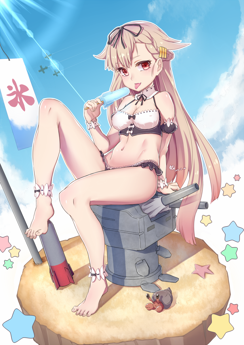 1girl 2016 adapted_costume aircraft airplane alternate_costume ankle_cuffs arm_strap arm_support bangs bare_legs bare_shoulders barefoot bikini black_panties blonde_hair bokushi bow bow_bikini bra braid breasts cleavage clouds cloudy_sky cosplay dated detached_collar detached_sleeves feet food french_braid frilled_bikini frills full_body gradient_hair hair_between_eyes hair_flaps hair_ornament hair_ribbon hairclip highres kantai_collection knee_up light_particles light_rays long_hair looking_at_viewer midriff multicolored_hair oversized_object panties popsicle puffy_sleeves re:zero_kara_hajimeru_isekai_seikatsu red_eyes redhead rem_(re:zero) rem_(re:zero)_(cosplay) remodel_(kantai_collection) rensouhou-chan rensouhou-kun ribbon ribbon-trimmed_collar ribbon_trim side_braid single_braid sitting sitting_on_object sky smile solo star straight_hair sunlight swimsuit thighs toes tongue tongue_out torpedo underwear very_long_hair white_bra wrist_cuffs yuudachi_(kantai_collection)