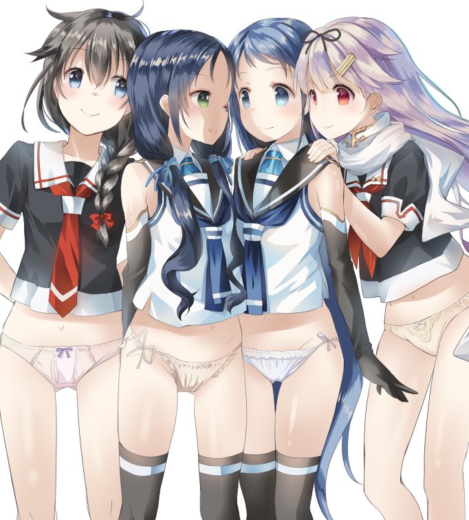 4girls arms_behind_back black_gloves black_hair black_legwear blonde_hair blue_eyes blue_hair bow bow_panties braid breasts elbow_gloves gloves gluteal_fold green_eyes hair_between_eyes hair_flaps hair_ornament hair_over_shoulder hair_ribbon hairclip hands_on_another's_shoulders jpeg_artifacts kantai_collection lingerie long_hair looking_at_another multiple_girls naruse_chisato neckerchief no_pants one_eye_closed panties pink_panties purple_panties red_eyes remodel_(kantai_collection) ribbon samidare_(kantai_collection) scarf school_uniform serafuku shigure_(kantai_collection) short_sleeves side-tie_panties simple_background single_braid sleeveless small_breasts smile suzukaze_(kantai_collection) thigh-highs twintails underwear very_long_hair white_background white_panties yuudachi_(kantai_collection)