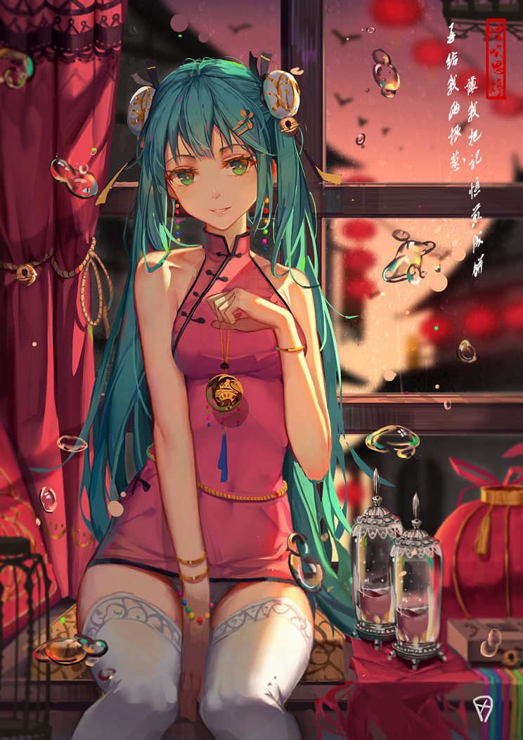 1girl aqua_hair bracelet breasts china_dress chinese chinese_clothes double_bun dress earrings green_eyes hatsune_miku jewelry lantern looking_at_viewer microdress panties pantyshot pantyshot_(sitting) sitting sleeveless sleeveless_dress smile solo soulkiller thigh-highs twintails underwear vocaloid white_hair white_panties