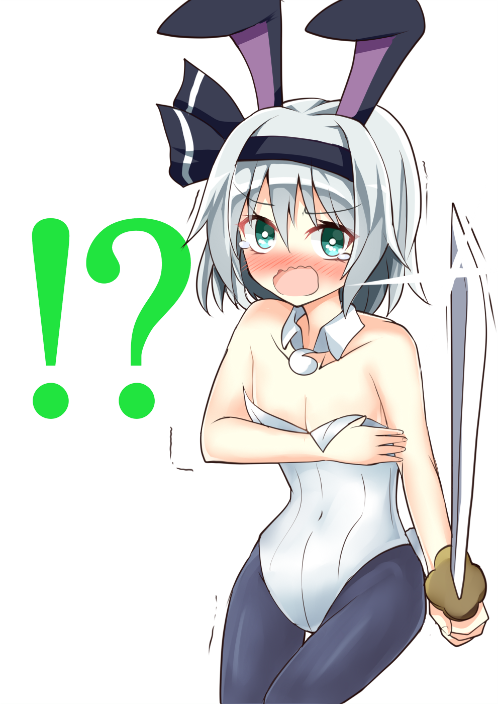 !? 1girl aki_chimaki alternate_costume animal_ears bare_shoulders black_legwear black_ribbon blush breasts bunny_girl bunny_tail bunnysuit cleavage collarbone covered_navel covering covering_breasts cowboy_shot detached_collar embarrassed fake_animal_ears glint green_eyes hair_ribbon hairband highres katana konpaku_youmu leotard looking_at_viewer nose_blush open_mouth pantyhose rabbit_ears ribbon short_hair silver_hair small_breasts solo sword tail tears thigh_gap touhou trembling unsheathed wavy_mouth weapon