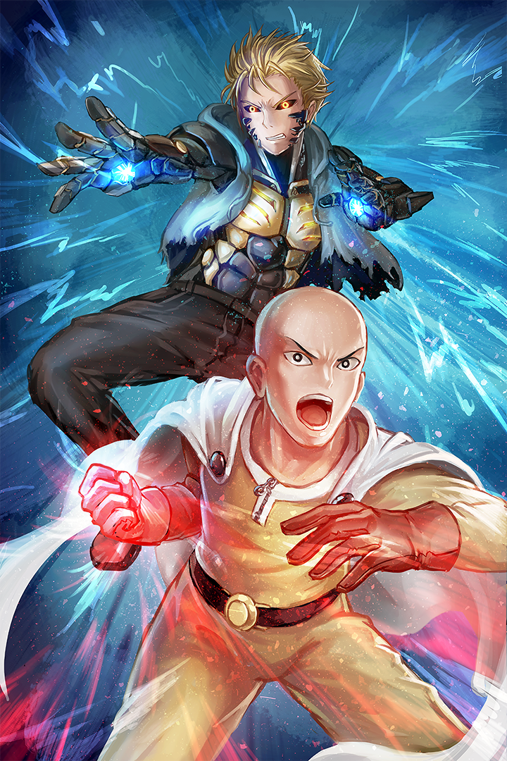 2boys bald black_sclera blonde_hair bodysuit cape clenched_hand cyborg freeze-ex genos gloves glowing glowing_eyes incoming_punch male_focus multiple_boys one-punch_man open_mouth pants red_gloves saitama_(one-punch_man) short_hair sleeveless sleeveless_hoodie superhero yellow_eyes