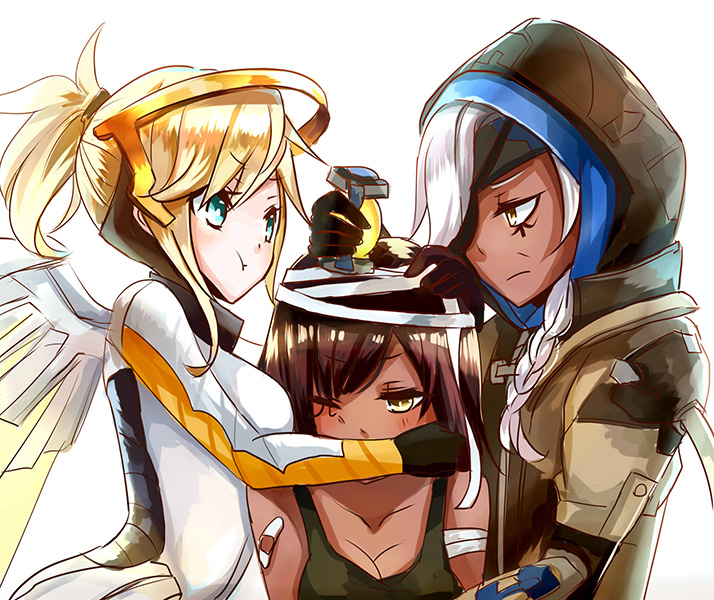 3girls :t ana_(overwatch) aqua_eyes arm_wrap bandage bandaid bandaid_on_shoulder bangs black_gloves blonde_hair blue_eyes blush bodysuit braid breasts brown_eyes cleavage closed_mouth coat collarbone dark_skin eyebrows eyebrows_visible_through_hair eyepatch facial_mark facial_tattoo faulds girl_sandwich gloves headband hijab hood hug large_breasts long_hair long_sleeves looking_at_another m-musume_(catbagel) mechanical_halo mechanical_wings mercy_(overwatch) mother_and_daughter multiple_girls old_woman one_eye_closed overwatch pharah_(overwatch) ponytail pout sandwiched short_hair simple_background single_braid tattoo upper_body white_background white_hair wings