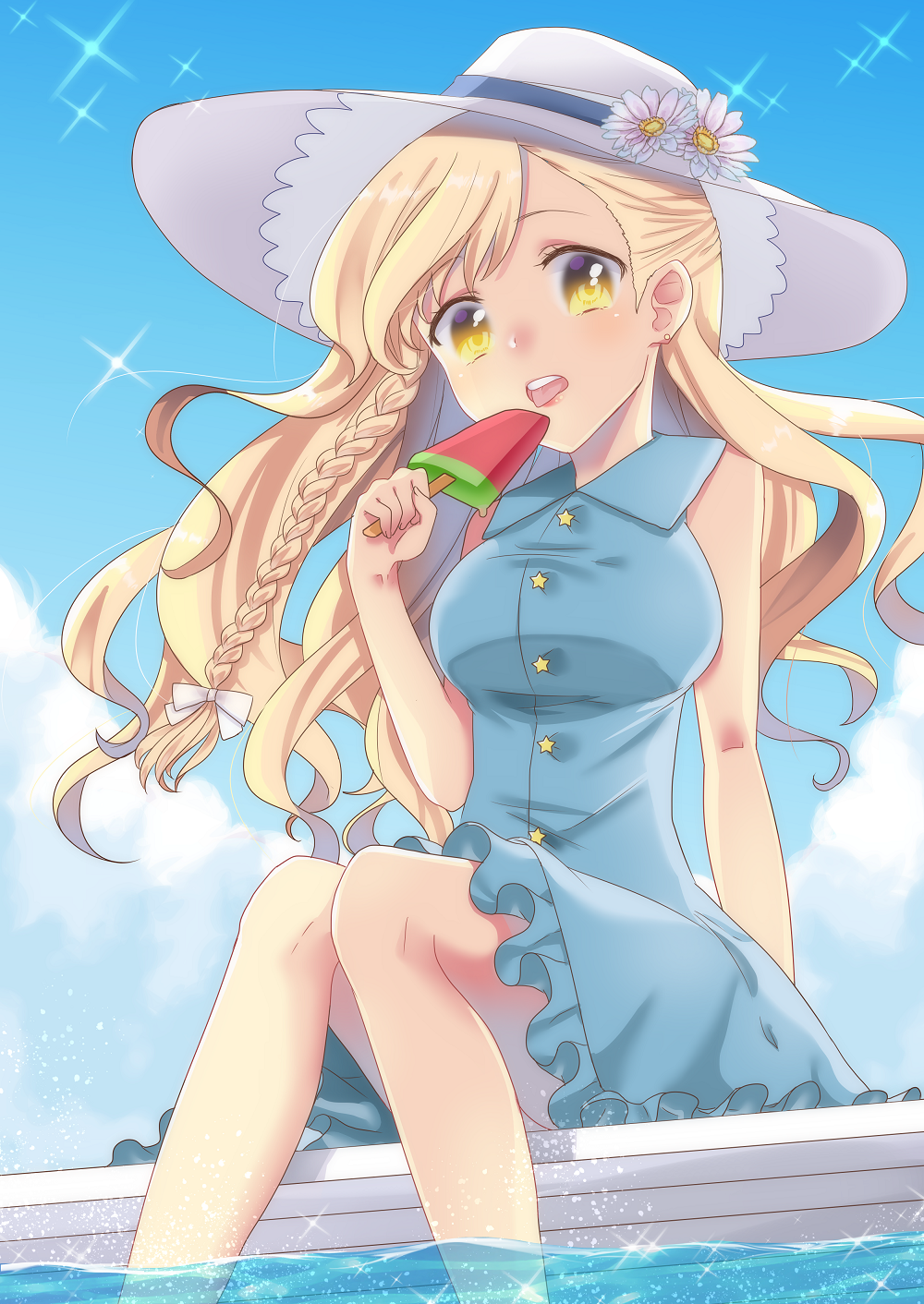 1girl aikoi_(arararaaren) alternate_breast_size alternate_costume alternate_headwear arm_support bare_arms blonde_hair blue_dress blue_sky braid breasts buttons casual contemporary dress earrings flower frilled_dress frills hat hat_flower highres jewelry kirisame_marisa knees_together_feet_apart large_breasts large_hat light_particles lips long_hair looking_at_viewer popsicle single_braid sitting sky sleeveless sleeveless_dress solo sparkle star stud_earrings tongue tongue_out touhou water watermelon_bar wavy_hair yellow_eyes