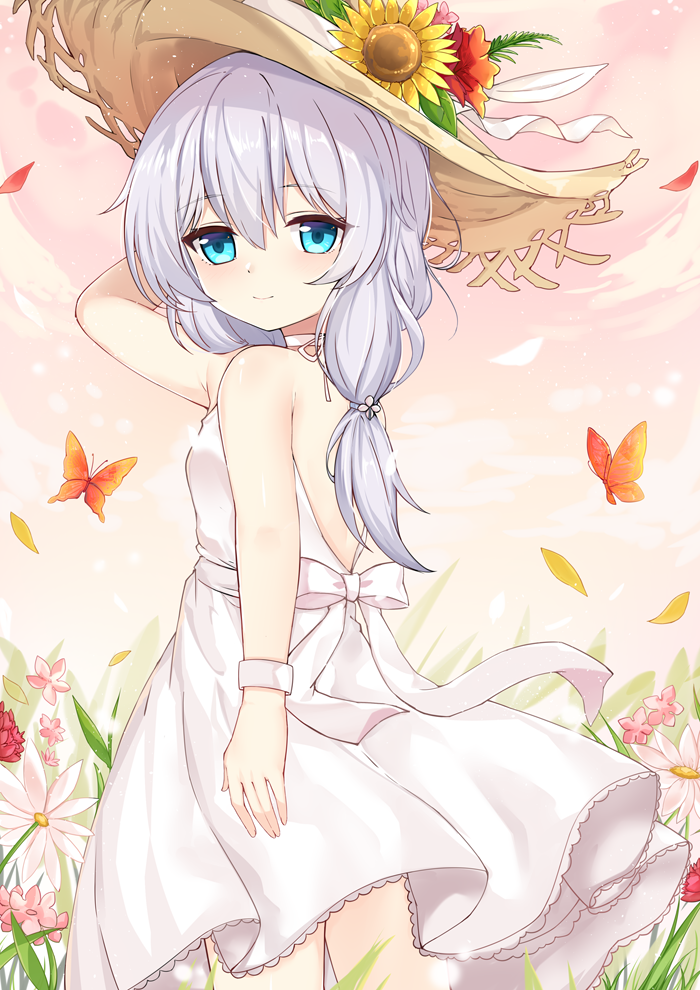 1girl arm_up back_bow beige_headwear blue_eyes bow breasts bug butterfly choker closed_mouth eyebrows_visible_through_hair falling_petals feet_out_of_frame flower hair_between_eyes hat hat_flower honkai_(series) honkai_impact_3rd insect kana_(kuaua) light_blush light_smile long_hair looking_at_viewer looking_back low-tied_long_hair petals pink_flower poinsettia red_flower silver_hair simple_background small_breasts solo standing straw_hat sunflower theresa_apocalypse white_background white_bow white_choker wristband yellow_flower