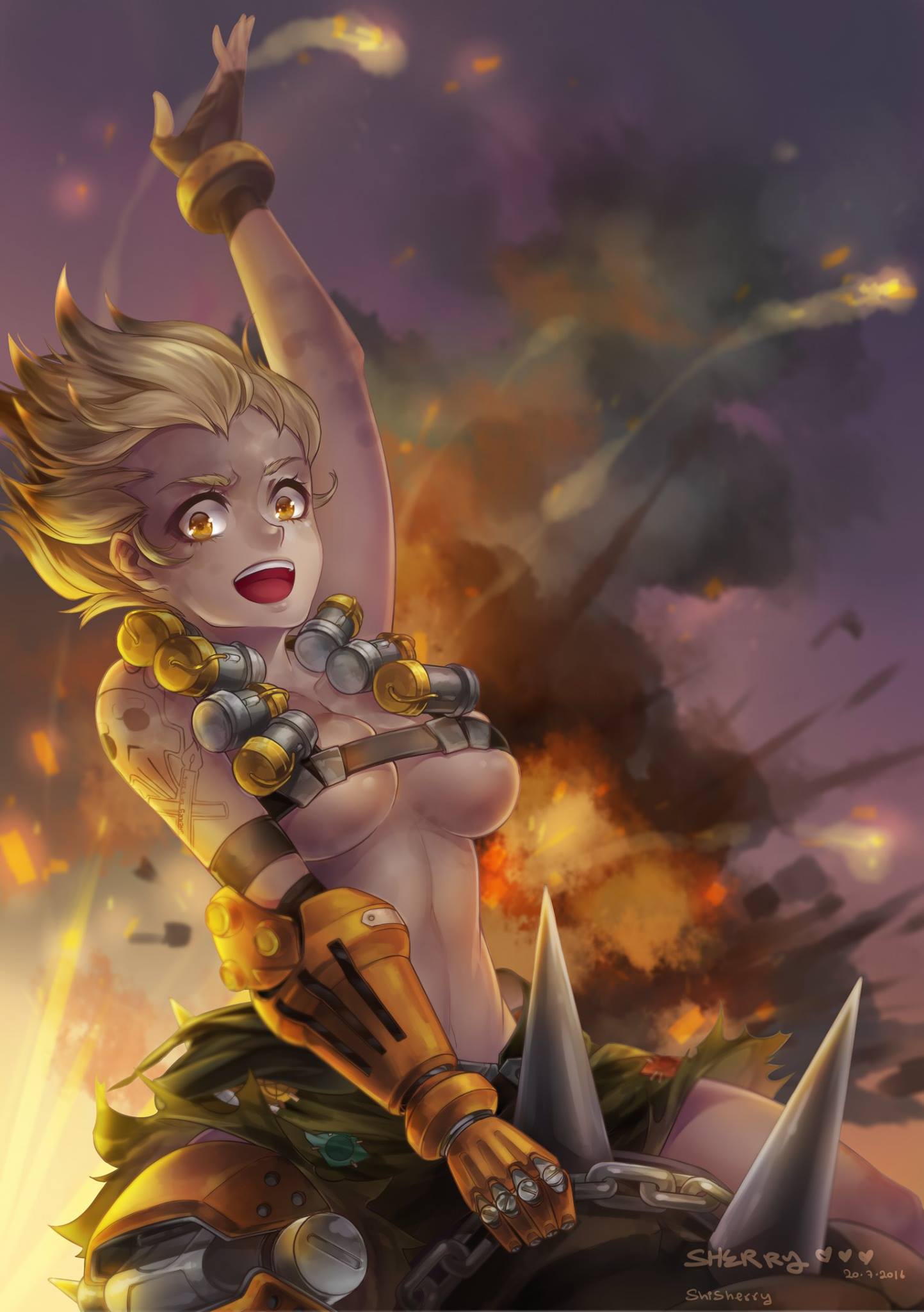 1girl arm_strap arm_tattoo artist_name bare_shoulders belt black_gloves blonde_hair bracer breasts chains collarbone dated explosive fiery_hair fingerless_gloves fire genderswap genderswap_(mtf) gloves green_shorts grenade hand_up harness heart highres junkrat_(overwatch) large_breasts looking_at_viewer mechanical_arm mechanical_hand messy_hair open_mouth overwatch patches peg_leg shisherry short_hair shorts single_glove sitting sitting_on_object skull_and_crossbones smoke solo spikes spiky_hair stomach strap tattoo teeth tire topless under_boob yellow_eyes