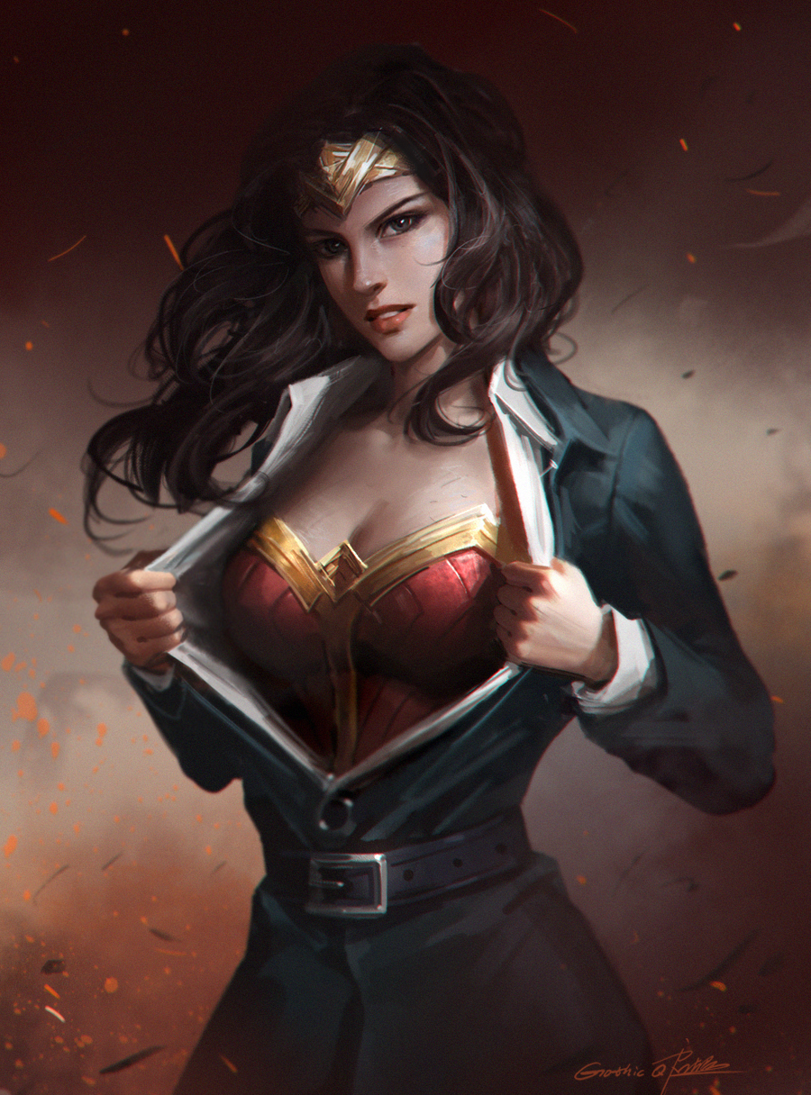 1girl black_hair breasts dc_comics dress embers formal highres looking_at_viewer open_clothes open_shirt parted_lips qichao_wang shirt solo superhero tiara upper_body wonder_woman wonder_woman_(series)