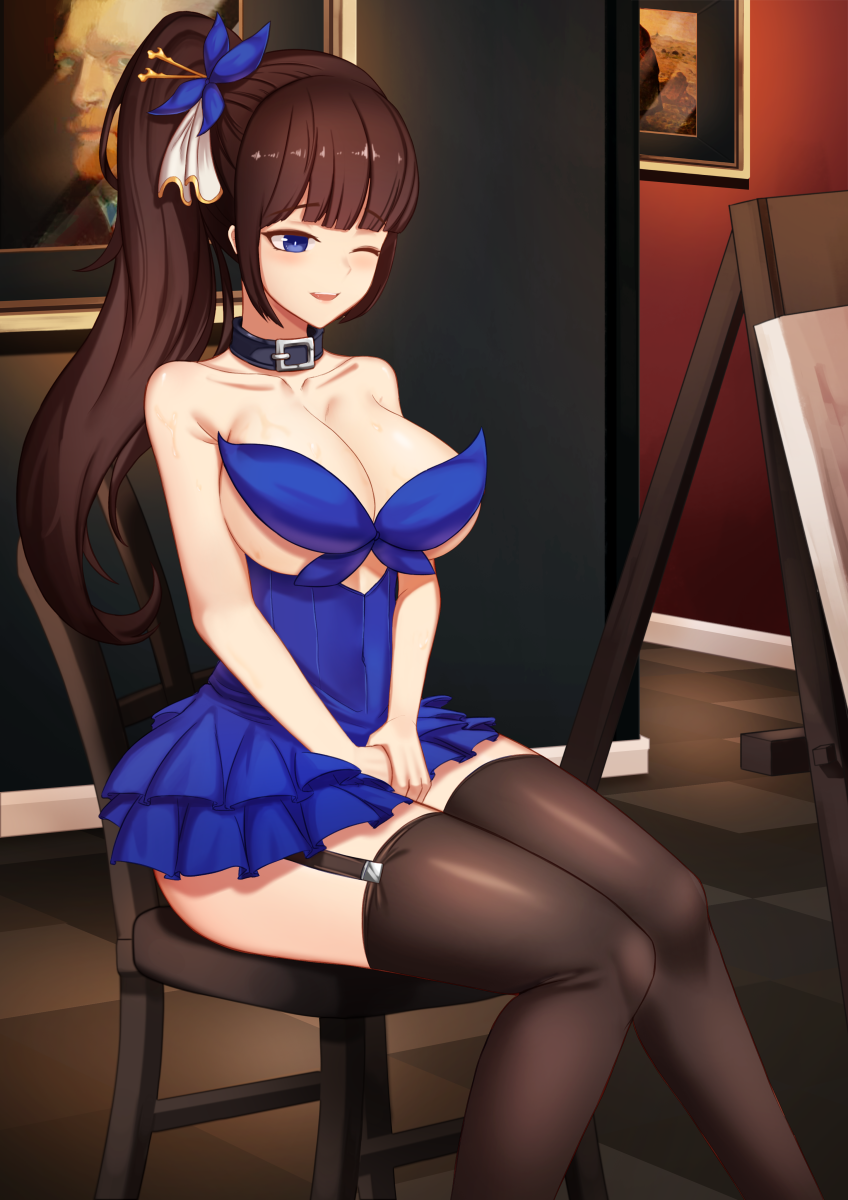 1girl bangs blue_dress blunt_bangs breasts brown_hair chair choker daydream_(zhdkffk21) dress dungeon_and_fighter garter_straps hands_on_lap highres large_breasts long_hair one_eye_closed painting_(object) ponytail sitting solo thigh-highs