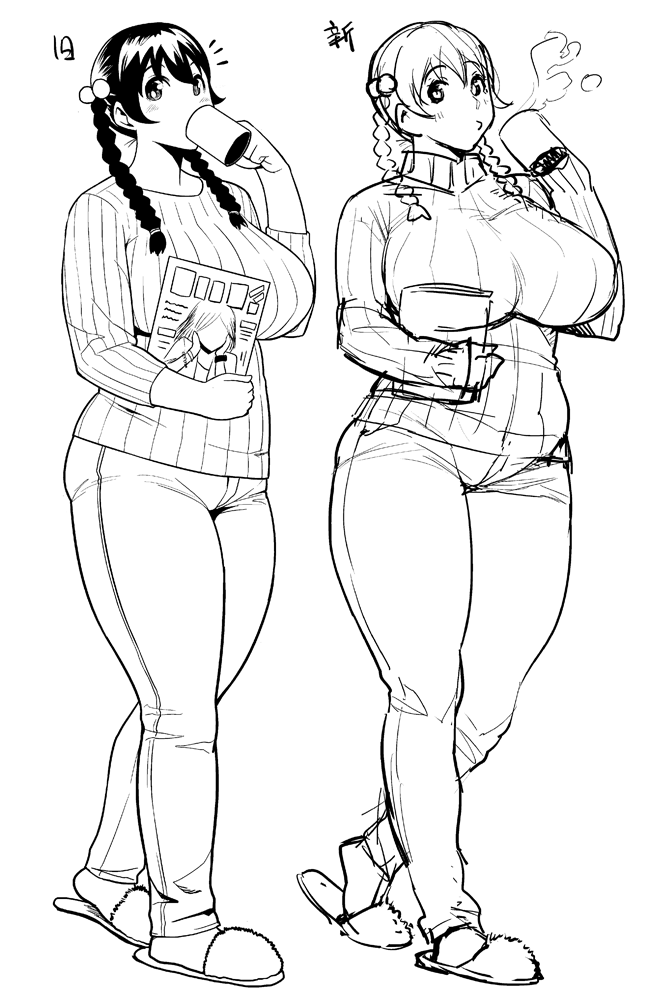 2girls blush braid breasts denim full_body huge_breasts jeans long_hair looking_at_viewer monochrome multiple_girls pants plump ribbed_sweater simple_background slippers standing sweater synecdoche thick_thighs turtleneck twin_braids