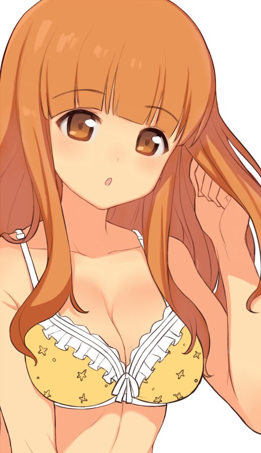 1girl bangs blunt_bangs blush bra breasts brown_eyes brown_hair cleavage collarbone frilled_bra frills girls_und_panzer hand_in_hair head_tilt kame^^ long_hair medium_breasts open_mouth simple_background solo star star_print takebe_saori underwear upper_body white_background yellow_bra