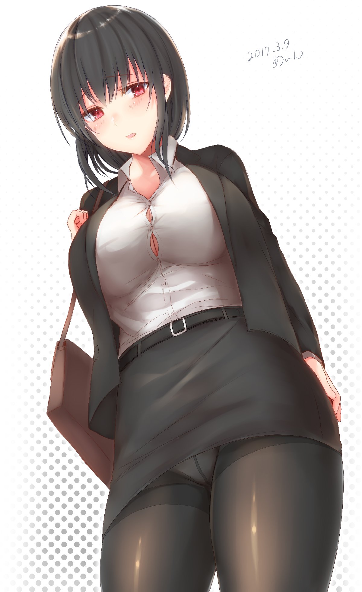 1girl alternate_costume arm_at_side black_legwear blouse breasts business_suit casual crotch_seam dated formal from_below highres impossible_clothes kantai_collection large_breasts looking_at_viewer miniskirt office_lady panties panties_under_pantyhose pantyhose pencil_skirt red_eyes sakiryo_kanna skirt skirt_suit suit takao_(kantai_collection) thighband_pantyhose undersized_clothes underwear white_blouse