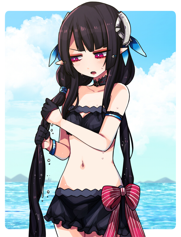 1girl agi_(neckless) anette_(pso2) black_hair black_swimsuit clouds hair_ornament head_tilt long_hair low_twintails navel open_mouth phantasy_star phantasy_star_online_2 pointy_ears red_eyes sky solo standing swimsuit twintails very_long_hair water wet wringing_hair