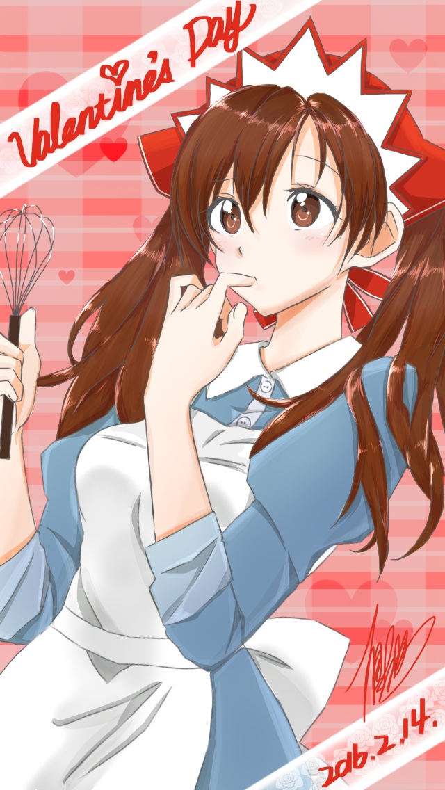 1girl 2016 alicia_melchiott apron blouse blush_stickers brown_eyes brown_hair dated finger_licking hair_ribbon heart licking long_hair mar0maru ribbon senjou_no_valkyria shiny shiny_hair signature solo twintails upper_body valentine whisk