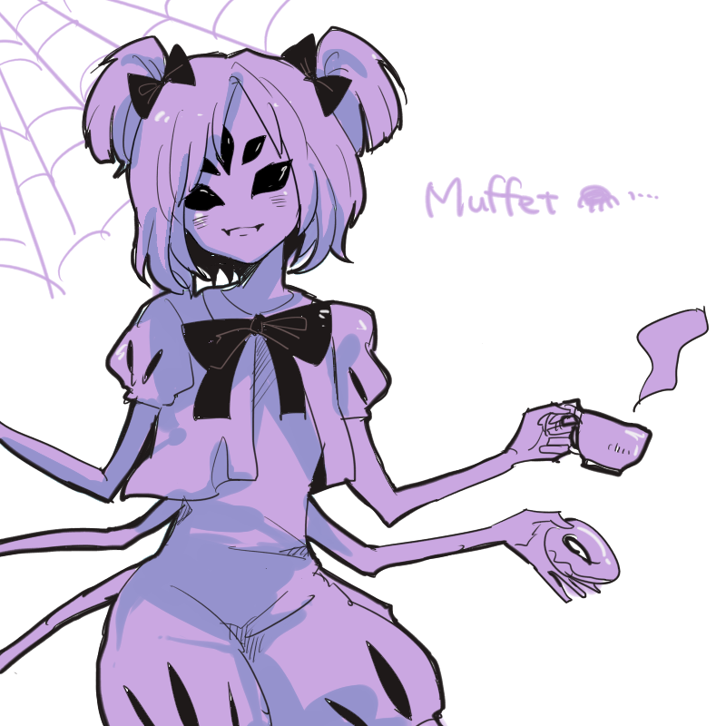 1girl dress extra_arms extra_eyes fangs female insect_girl monochrome monster_girl muffet solo spider_girl twintails undertale white_background