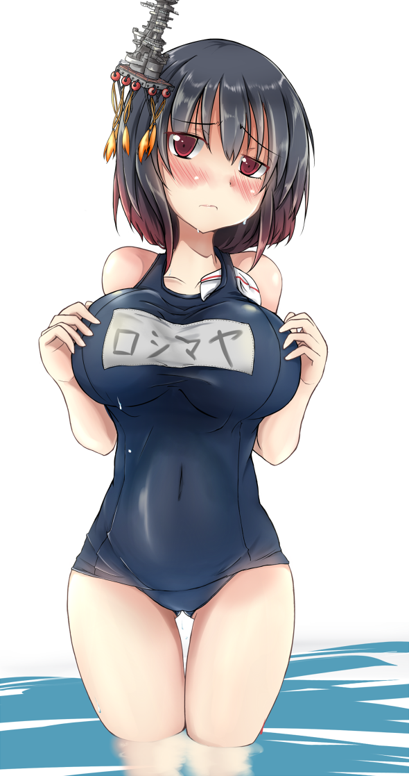 1girl bare_shoulders black_hair blush breasts bro_(badmaiden) covered_navel hair_ornament headgear hot kantai_collection large_breasts looking_at_viewer name_tag old_school_swimsuit red_eyes reflection ripples s&oacute;lo school_swimsuit short_hair solo standing sweat swim_cap swimsuit water yamashiro_(kantai_collection)