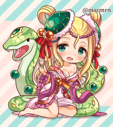 1girl barefoot blonde_hair blush cup green_eyes hair_ornament japanese_clothes kimono long_hair marshmallow_mille meimei_(p&amp;d) obi off_shoulder puzzle_&amp;_dragons sash smile snake turtle_shell