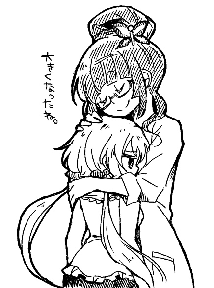 2girls anmitsu_(magenta) butterfly chin_on_head chin_rest closed_eyes glasses greyscale hair_bun hair_ornament hairclip hand_on_another's_head hime_cut hug labcoat lineart long_hair low-tied_long_hair monochrome multiple_girls sakurai_ryouko scrunchie senki_zesshou_symphogear shirt sleeveless sleeveless_shirt sleeves_rolled_up text tied_hair translated twintails white_background yukine_chris