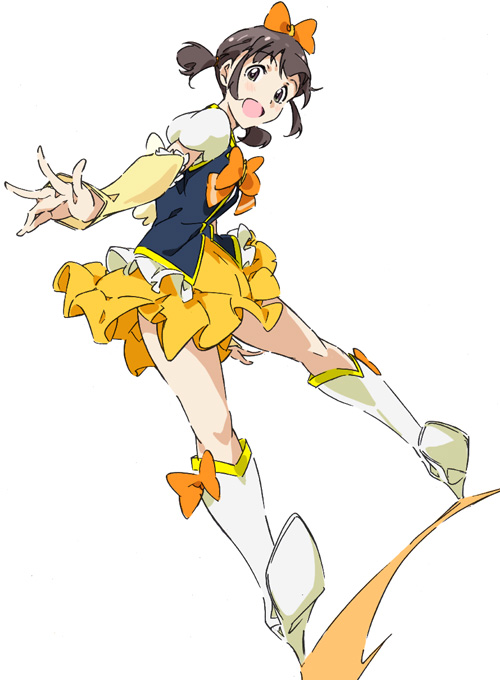1girl :d boots bow commentary_request cosplay crossover cure_honey cure_honey_(cosplay) hair_bow happinesscharge_precure! happy katayama_minami knee_boots long_sleeves looking_at_viewer looking_down magical_girl open_mouth orange_bow pose precure short_twintails simple_background sketch skirt smile solo twintails umanosuke wake_up_girls! white_background white_boots yellow_skirt