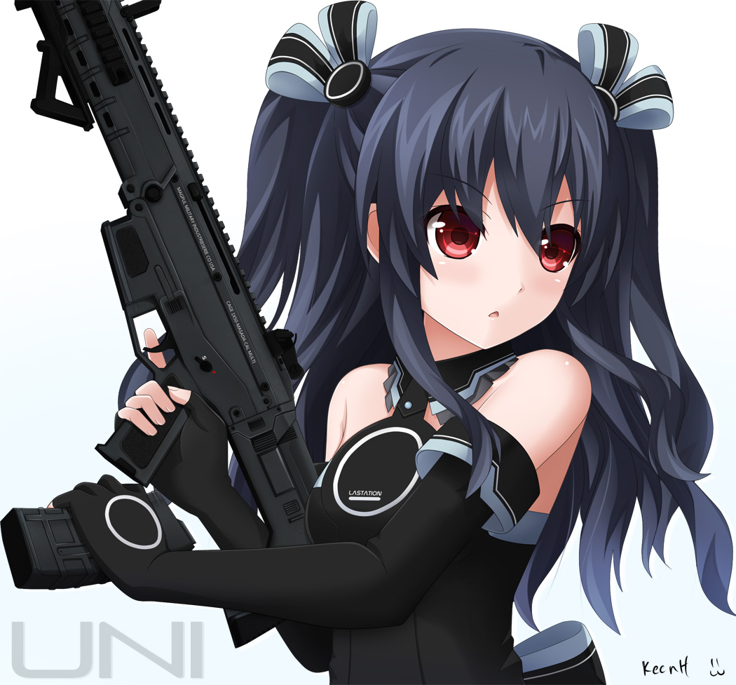 1girl =3 assault_rifle bare_shoulders black_gloves black_hair black_ribbon character_name choujigen_game_neptune detached_sleeves fingerless_gloves gloves gun hair_ribbon holding holding_gun holding_weapon keenh long_hair looking_to_the_side magazine_(weapon) neptune_(series) red_eyes redhead ribbon rifle signature simple_background solo trigger_discipline twintails uni_(choujigen_game_neptune) weapon white_background