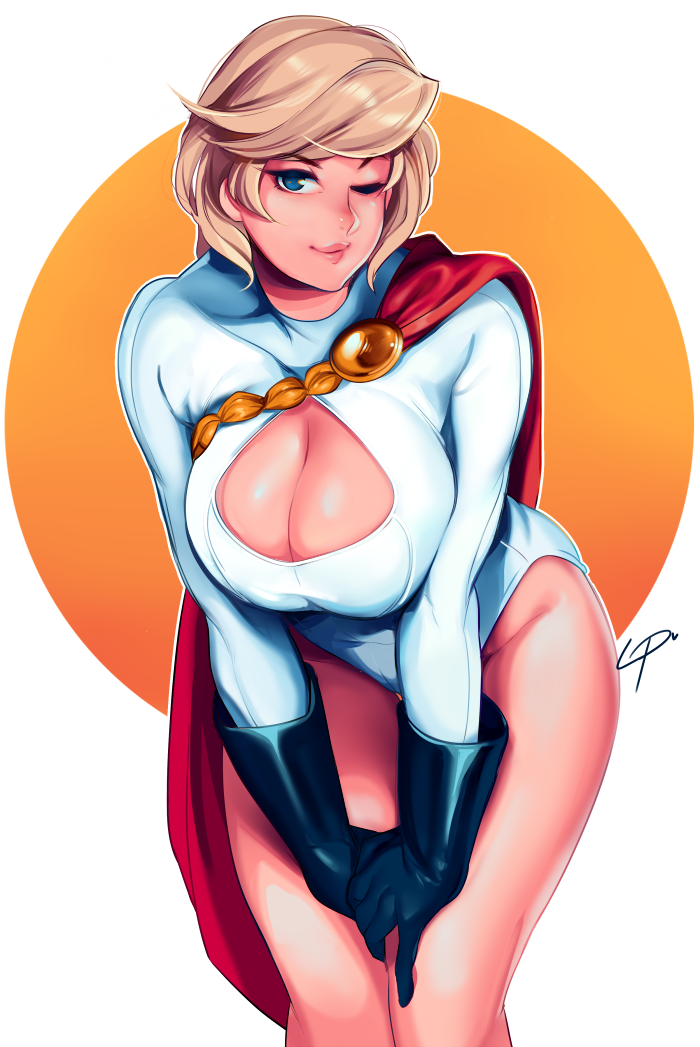 1girl blonde_hair blue_eyes breasts cape cleavage dc_comics hips large_breasts leaning_forward light_smile lips looking_at_viewer loyproject one_eye_closed power_girl short_hair signature simple_background solo thighs white_background