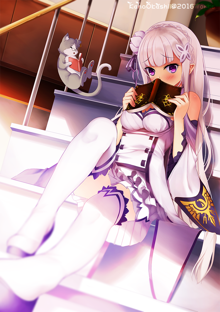 1girl bare_shoulders blurry blush book breasts cat covering_mouth depth_of_field dress elf emilia_(re:zero) flower glasses hair_flower hair_ornament hair_ribbon holding holding_book jewelry kaho_okashii long_hair looking_at_viewer over-kneehighs pince-nez pointy_ears purple_ribbon re:zero_kara_hajimeru_isekai_seikatsu reading ribbon silver_hair single_earring sitting sitting_on_stairs solo stairs thigh-highs violet_eyes white_dress white_legwear wide_sleeves