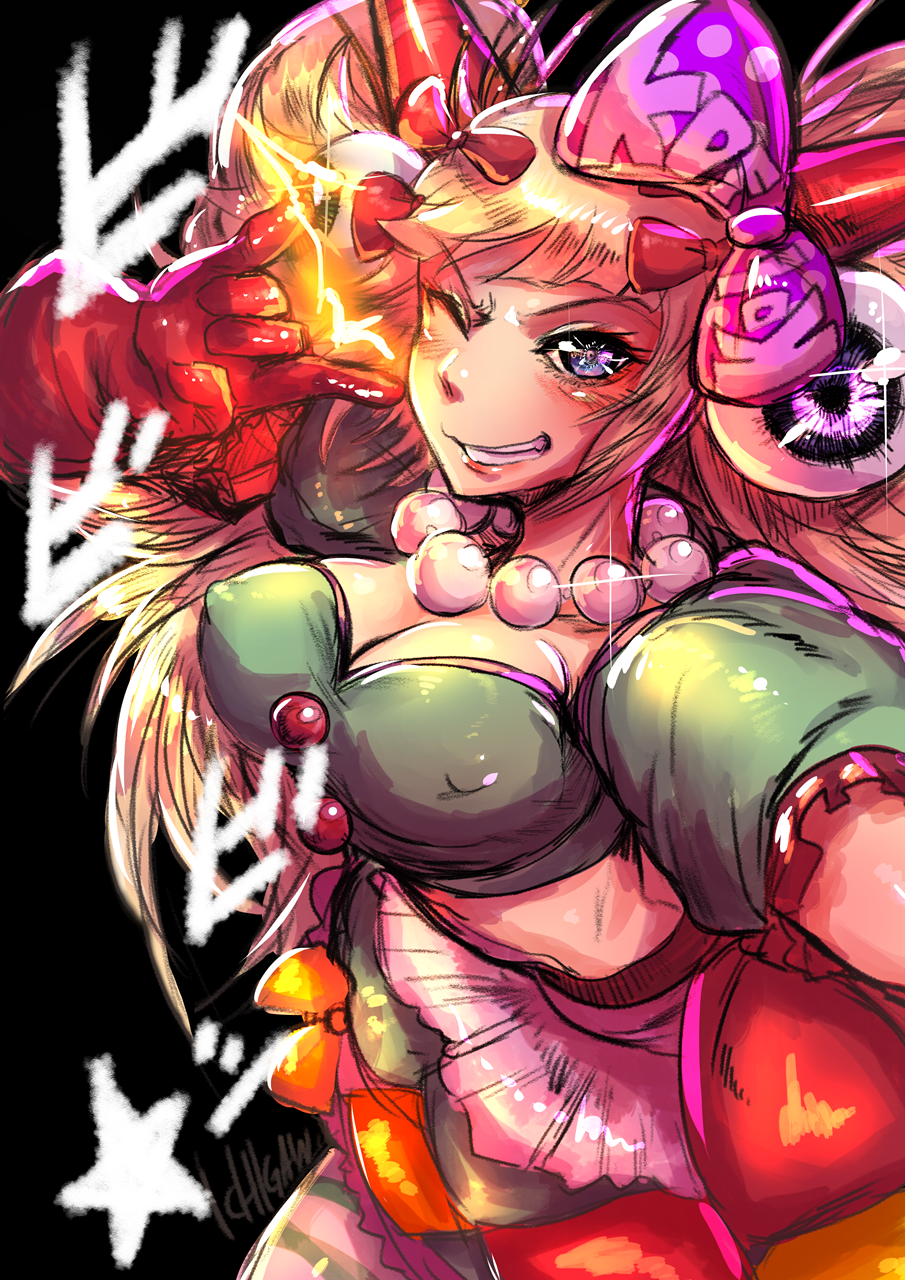 1girl artist_name black_background blonde_hair blue_eyes bow breasts cleavage crown electricity erect_nipples eyeball fake_horns gloves highres ichigai_(hayawossan) jewelry long_hair mini_crown necklace one_eye_closed simple_background solo star sylvie_paula_paula teeth the_king_of_fighters the_king_of_fighters_xiv