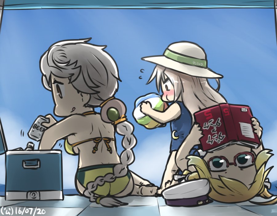 3girls :p :q alternate_costume aqua_eyes ass ball beachball beer_can bikini blonde_hair blowing blue_eyes braid checkered checkered_floor cloud_print dated from_behind glasses green_bikini hamu_koutarou hat hat_removed headwear_removed i-8_(kantai_collection) kantai_collection kikuzuki_(kantai_collection) long_hair looking_to_the_side lying midriff multiple_girls on_back one-piece_swimsuit open_mouth reading red_eyes school_swimsuit semi-rimless_glasses silver_hair single_braid sitting sky standing swimsuit thighs tongue tongue_out unryuu_(kantai_collection) very_long_hair white_hair yellow_eyes