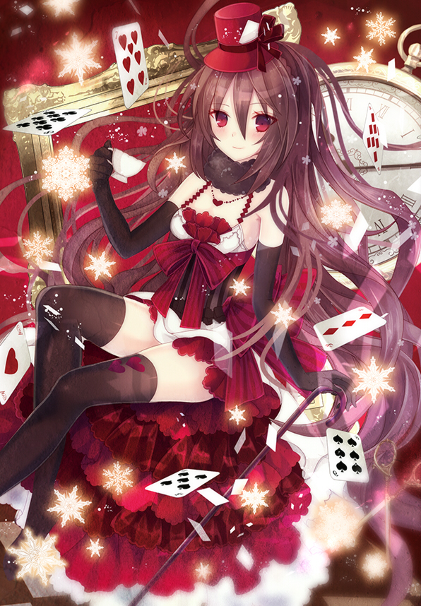 1girl bare_shoulders black_gloves black_legwear blush bow breasts brown_hair card clock cup dress elbow_gloves frame fur_collar gloves hat hat_ribbon heart heart_necklace long_hair looking_at_viewer nozomi_fuuten original playing_card red_bow red_eyes red_hat red_ribbon ribbon small_breasts smile snowflakes solo staff teacup thigh-highs top_hat very_long_hair