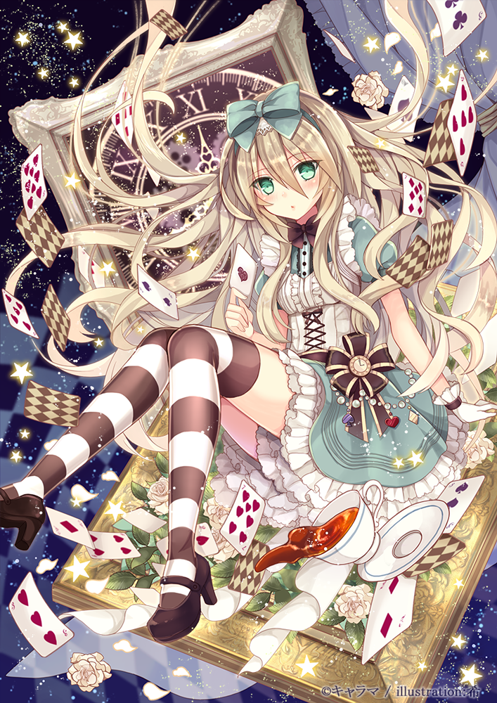 1girl :o alice_(wonderland) alice_in_wonderland bent_knees black_bow black_bowtie black_shoes blonde_hair blue_bow blue_dress blush bow bowtie card clock corset cup dress floating_hair flower frilled_dress frills full_body green_eyes hair_bow heart long_hair looking_at_viewer mary_janes nozomi_fuuten original over-kneehighs petals playing_card puffy_short_sleeves puffy_sleeves rose shoes short_dress short_sleeves sidelocks solo spilled star striped striped_legwear teacup thigh-highs white_rose wrist_cuffs