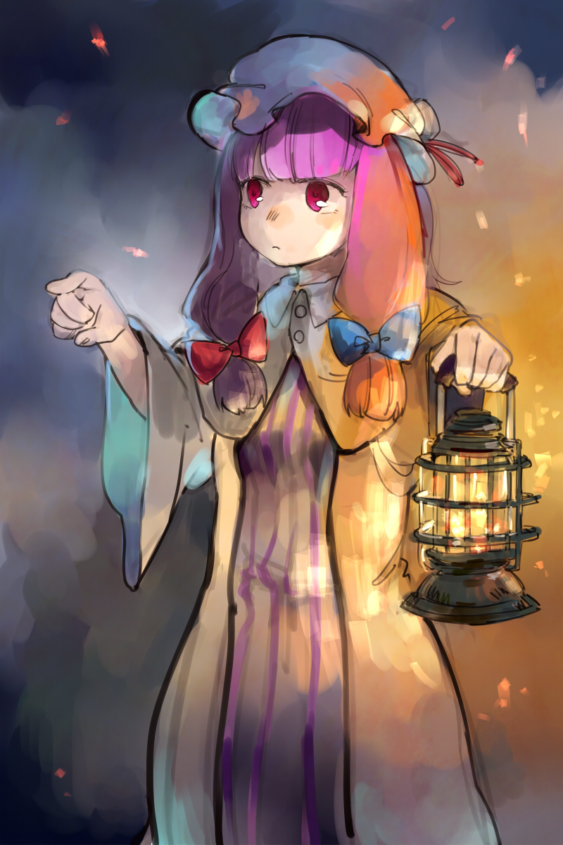 1girl dress embers frown hair_ribbon hat highres kukkuru lantern long_hair mob_cap patchouli_knowledge pointing purple_hair ribbon solo touhou violet_eyes