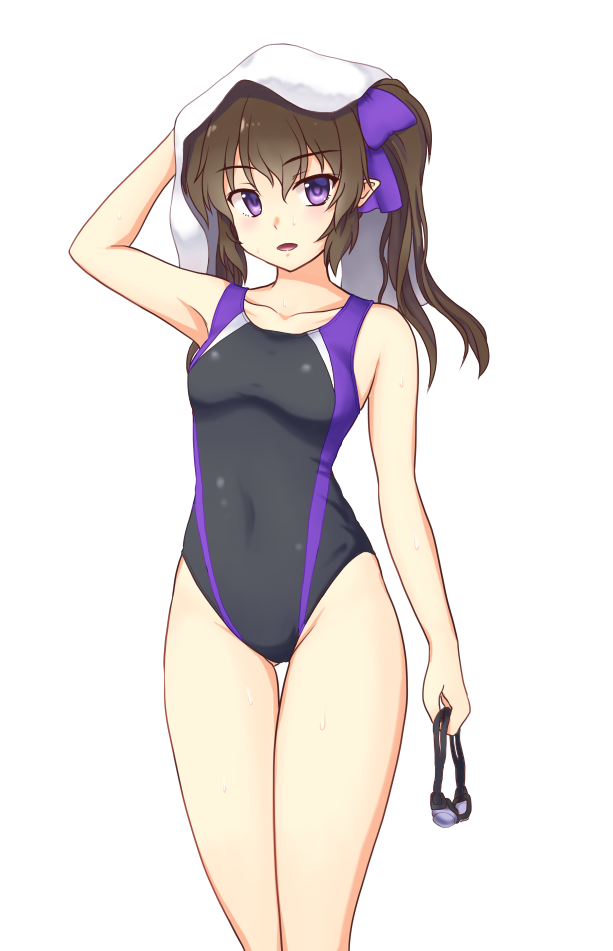 1girl alternate_costume arm_at_side armpits bare_arms bare_shoulders breasts brown_hair collarbone competition_swimsuit covered_navel cowboy_shot eyebrows eyebrows_visible_through_hair gluteal_fold gomi_(gomitin) hair_ornament himekaidou_hatate hips long_hair looking_at_viewer medium_breasts no_wings one-piece_swimsuit open_mouth pointy_ears solo swimsuit thigh_gap thighs touhou towel towel_on_head twintails wavy_hair