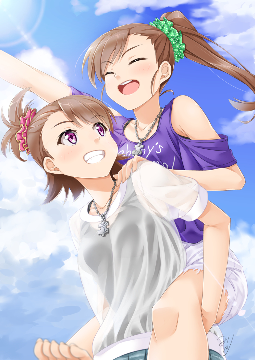 2girls barefoot brown_hair closed_eyes futami_ami futami_mami grin idolmaster jewelry miri_(ago550421) multiple_girls necklace open_mouth piggyback pink_eyes puzzle_piece scrunchie siblings side_ponytail sisters smile twins