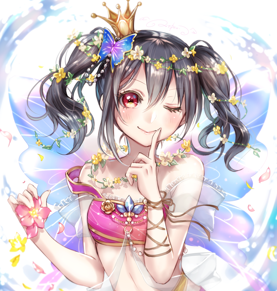 1girl ;) bare_shoulders black_hair blush butterfly_hair_ornament crown flower hair_flower hair_ornament index_finger_raised lma looking_at_viewer love_live! love_live!_school_idol_project one_eye_closed petals red_eyes short_hair smile solo twintails yazawa_nico