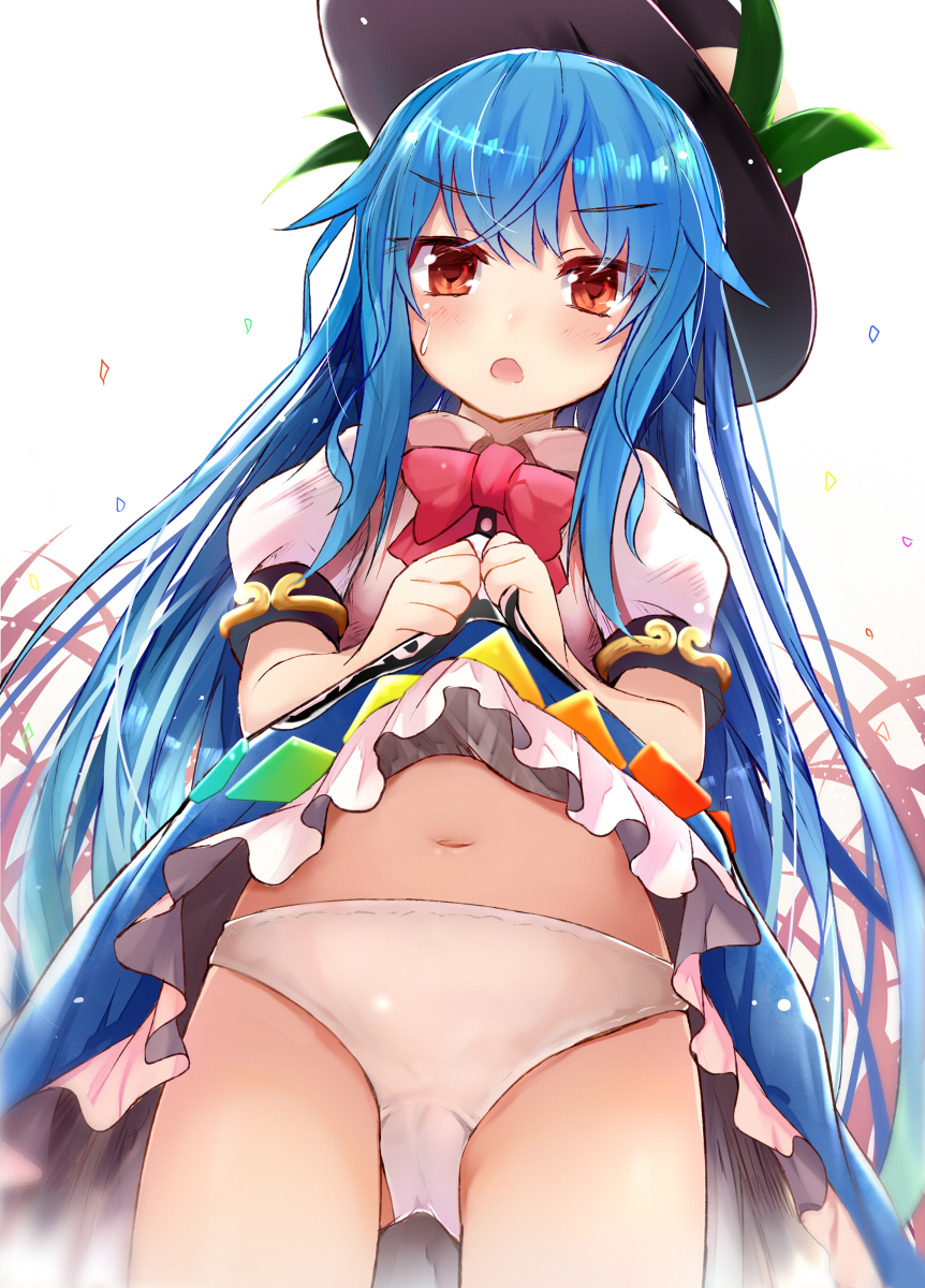 1girl :o blue_hair blue_skirt blush bow cowboy_shot efe food frilled_skirt frills fruit hat highres hinanawi_tenshi lifted_by_self long_hair looking_at_viewer panties peach puffy_short_sleeves puffy_sleeves red_bow red_eyes shirt short_sleeves simple_background skirt skirt_lift solo standing sweatdrop touhou underwear white_panties white_shirt