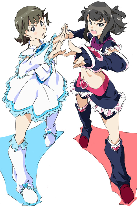 &gt;:d 2girls :d arm_up arm_warmers belt black_hair black_skirt boots brown_hair commentary_request cosplay crossover cure_black cure_black_(cosplay) cure_white cure_white_(cosplay) dress forest frilled_skirt frills futari_wa_precure grey_eyes hayashida_airi heart interlocked_fingers leg_warmers looking_at_viewer magical_girl multiple_girls nature navel open_mouth pose precure red_shoes shimada_mayu shoes simple_background sketch skirt smile stomach umanosuke wake_up_girls! white_background white_boots white_dress