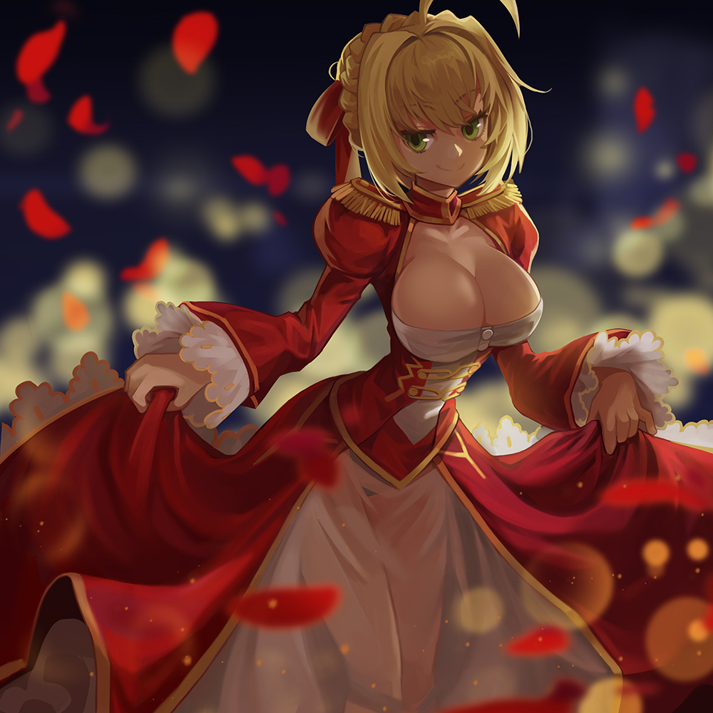1girl ahoge blonde_hair breasts cleavage dress dress_lift epaulettes fate/extra fate/extra_ccc fate/grand_order fate_(series) goomrrat green_eyes large_breasts petals red_dress saber_extra short_hair solo